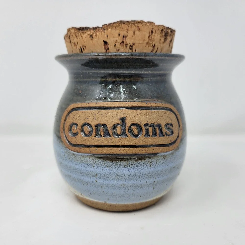 Vintage Ceramic‎ Jar Pot Container With Cork Lid Condoms Label